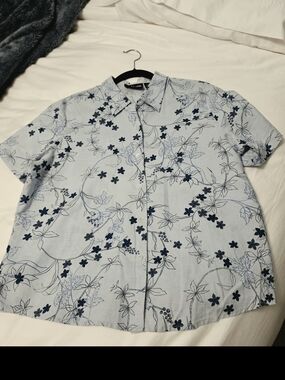 Style & Co Linen/Cotton Short Sleeve Blouse - Blue Floral - Sz 16